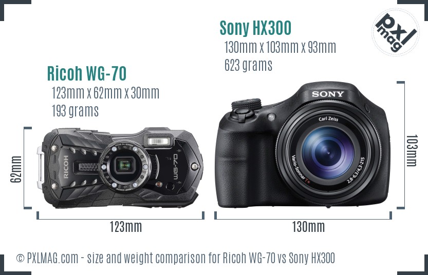 Ricoh WG-70 vs Sony HX300 size comparison