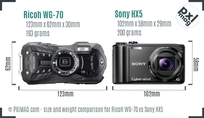 Ricoh WG-70 vs Sony HX5 size comparison