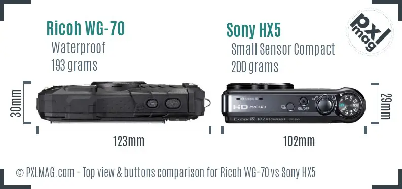 Ricoh WG-70 vs Sony HX5 top view buttons comparison