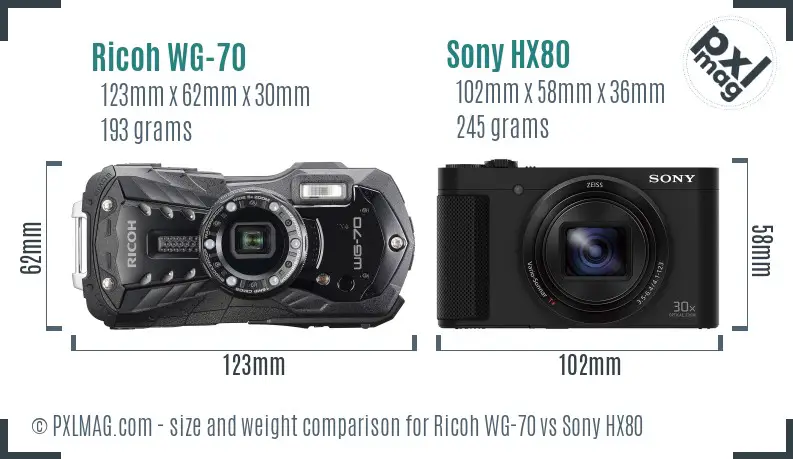 Ricoh WG-70 vs Sony HX80 size comparison Ricoh WG-70 vs Sony HX80 size comparison