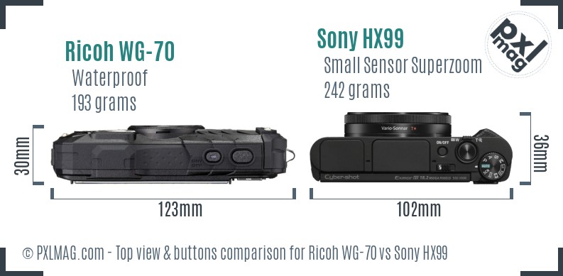 Ricoh WG-70 vs Sony HX99 top view buttons comparison