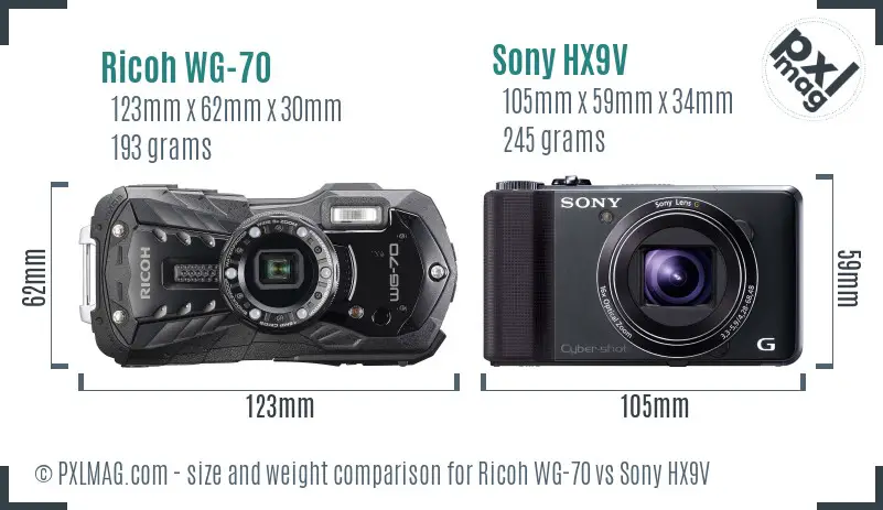 Ricoh WG-70 vs Sony HX9V size comparison