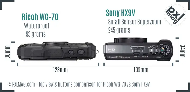 Ricoh WG-70 vs Sony HX9V top view buttons comparison
