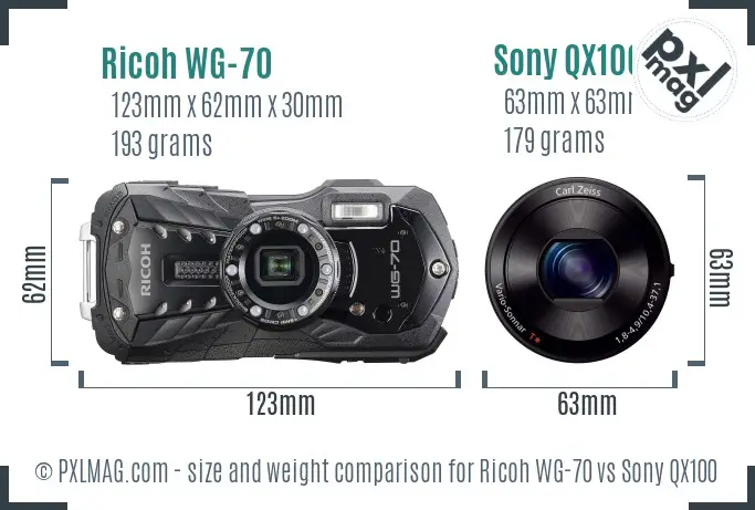Ricoh WG-70 vs Sony QX100 size comparison