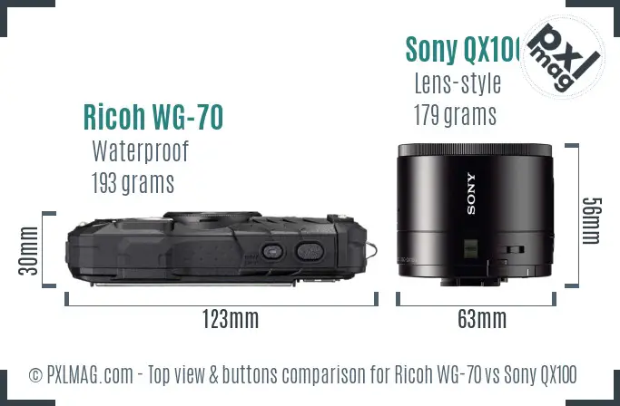 Ricoh WG-70 vs Sony QX100 top view buttons comparison