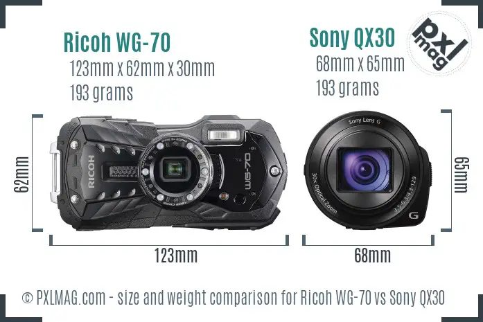 Ricoh WG-70 vs Sony QX30 size comparison Ricoh WG-70 vs Sony QX30 size comparison