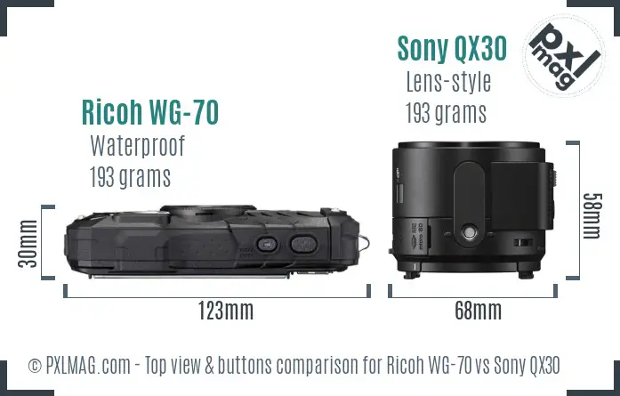 Ricoh WG-70 vs Sony QX30 top view buttons comparison Ricoh WG-70 vs Sony QX30 top view buttons comparison