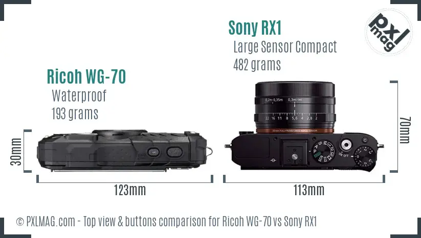 Ricoh WG-70 vs Sony RX1 top view buttons comparison
