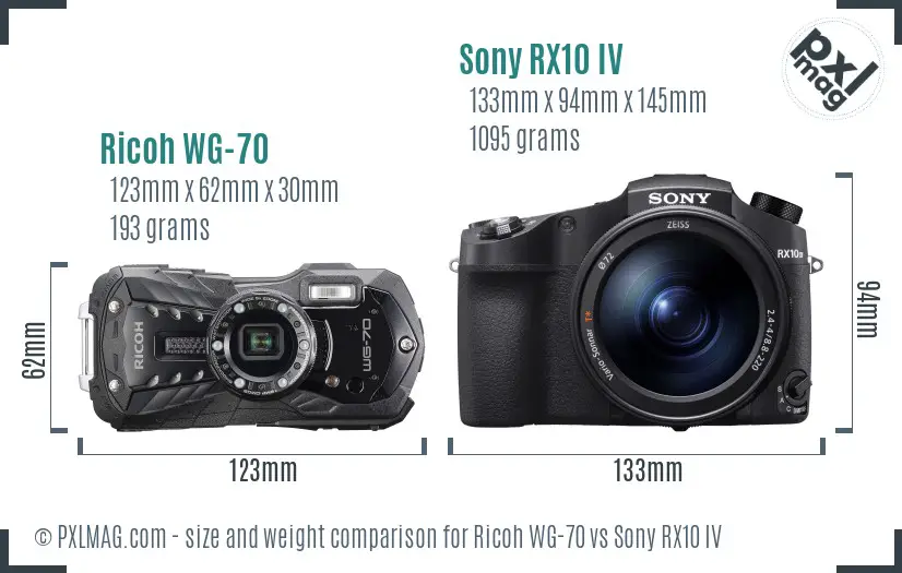 Ricoh WG-70 vs Sony RX10 IV size comparison