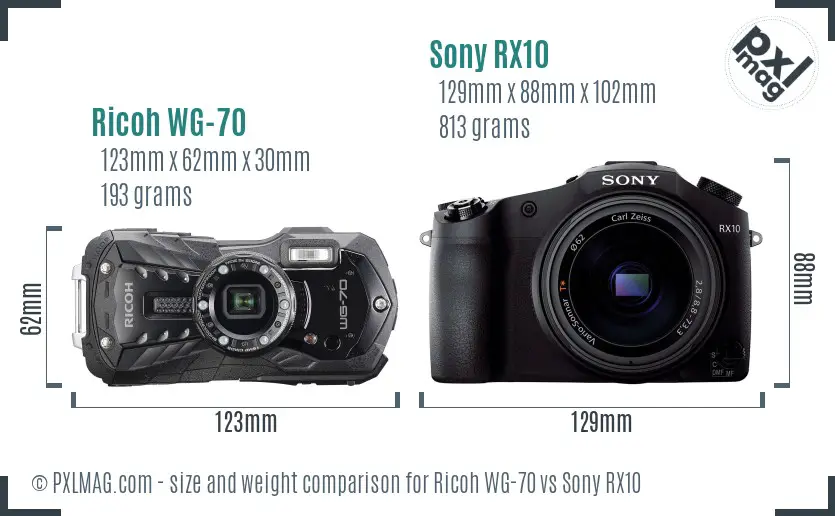 Ricoh WG-70 vs Sony RX10 size comparison