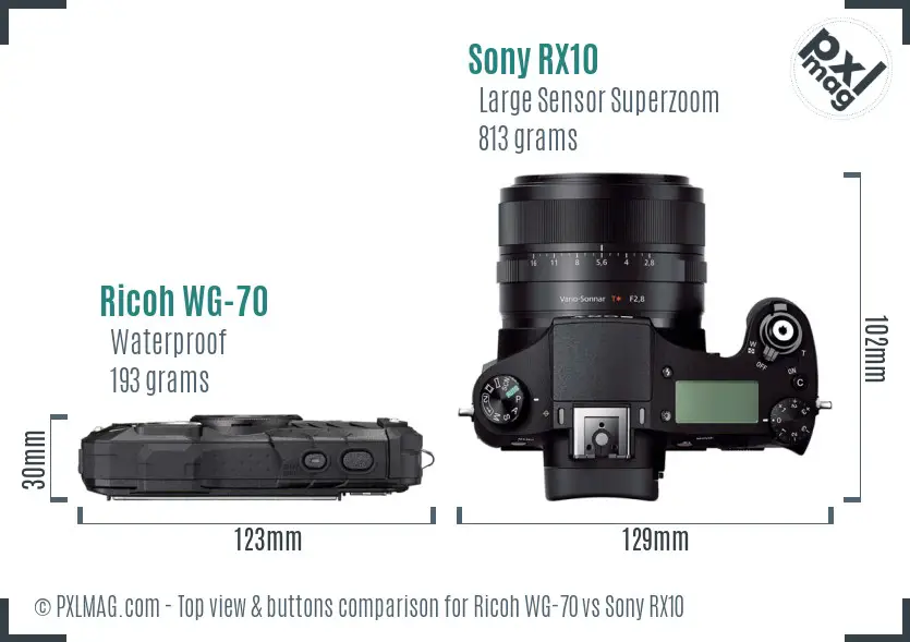 Ricoh WG-70 vs Sony RX10 top view buttons comparison