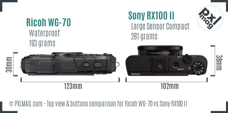 Ricoh WG-70 vs Sony RX100 II top view buttons comparison