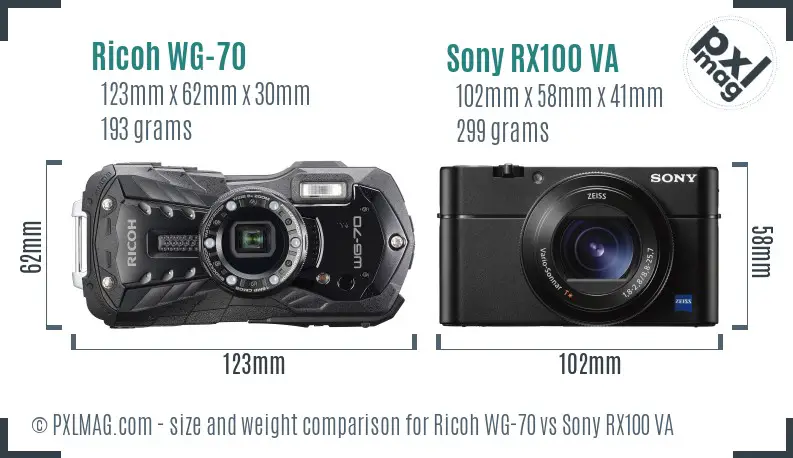 Ricoh WG-70 vs Sony RX100 VA size comparison