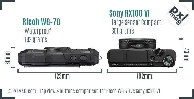 Ricoh WG-70 vs Sony RX100 VI top view buttons comparison