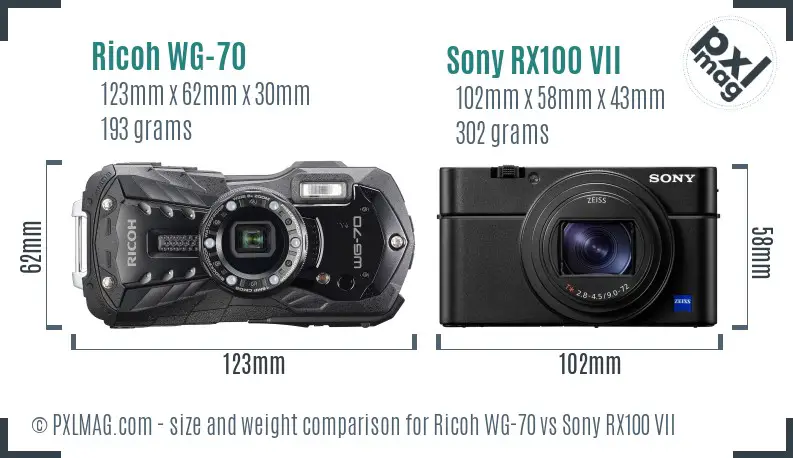 Ricoh WG-70 vs Sony RX100 VII size comparison
