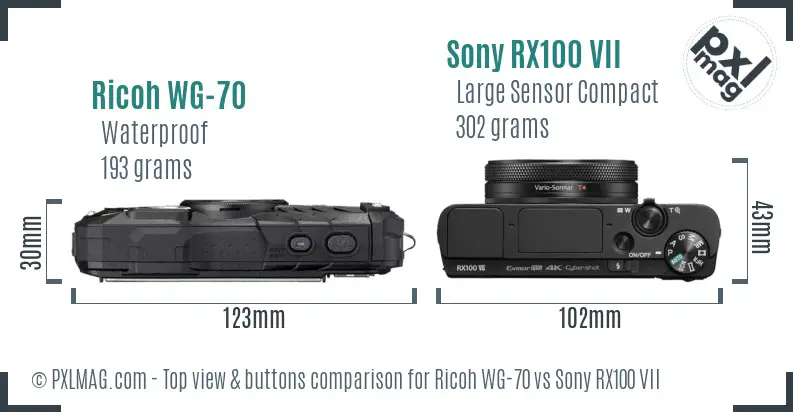 Ricoh WG-70 vs Sony RX100 VII top view buttons comparison