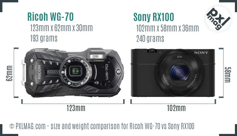 Ricoh WG-70 vs Sony RX100 size comparison