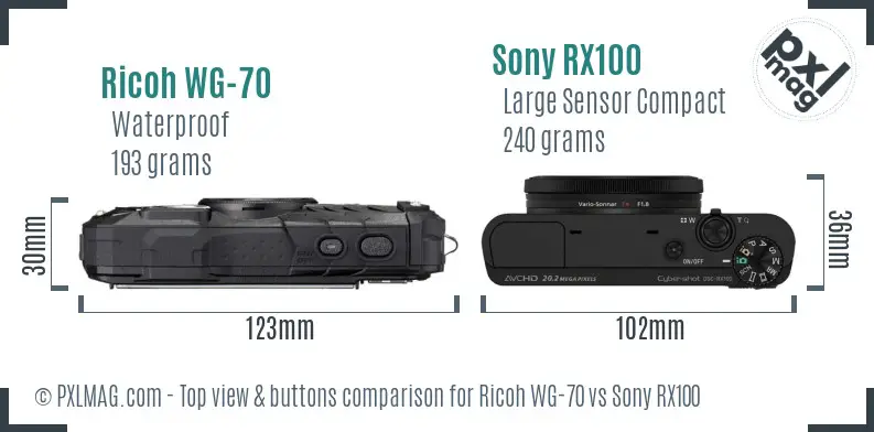 Ricoh WG-70 vs Sony RX100 top view buttons comparison