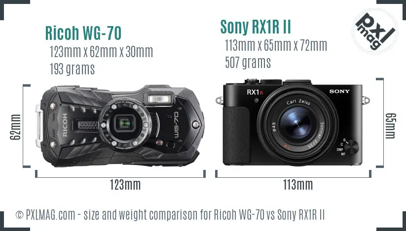 Ricoh WG-70 vs Sony RX1R II size comparison