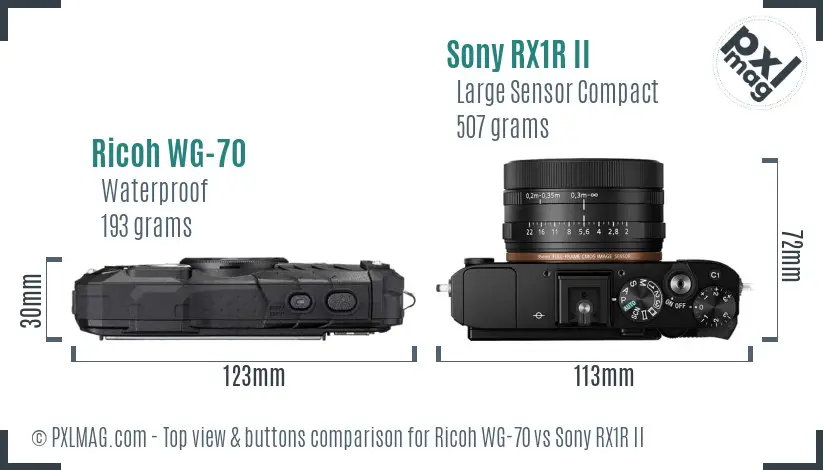 Ricoh WG-70 vs Sony RX1R II top view buttons comparison