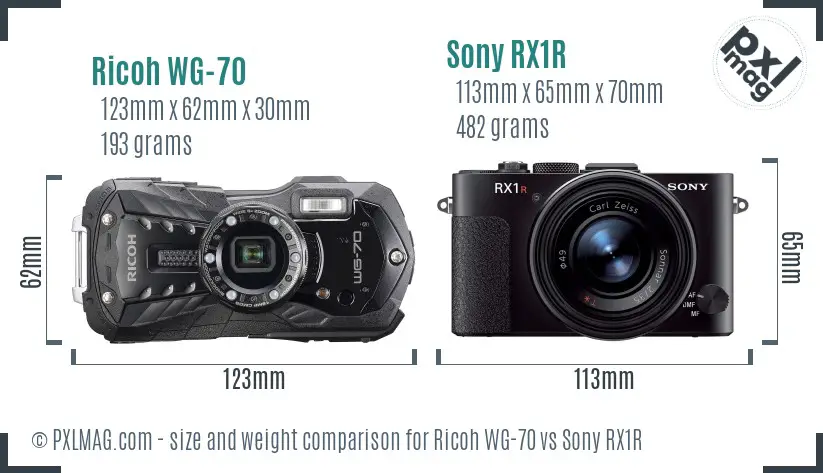Ricoh WG-70 vs Sony RX1R size comparison