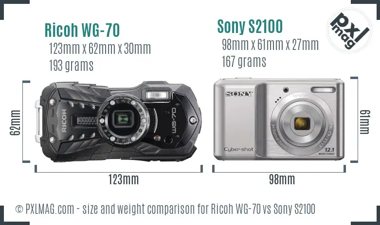 Ricoh WG-70 vs Sony S2100 size comparison