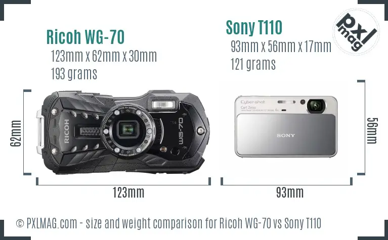 Ricoh WG-70 vs Sony T110 size comparison