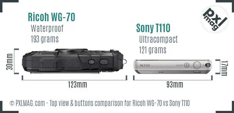 Ricoh WG-70 vs Sony T110 top view buttons comparison