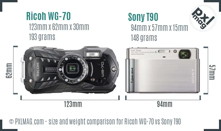 Ricoh WG-70 vs Sony T90 size comparison