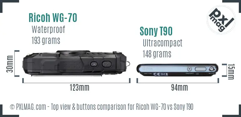 Ricoh WG-70 vs Sony T90 top view buttons comparison