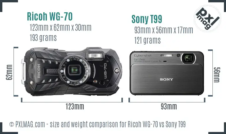 Ricoh WG-70 vs Sony T99 size comparison