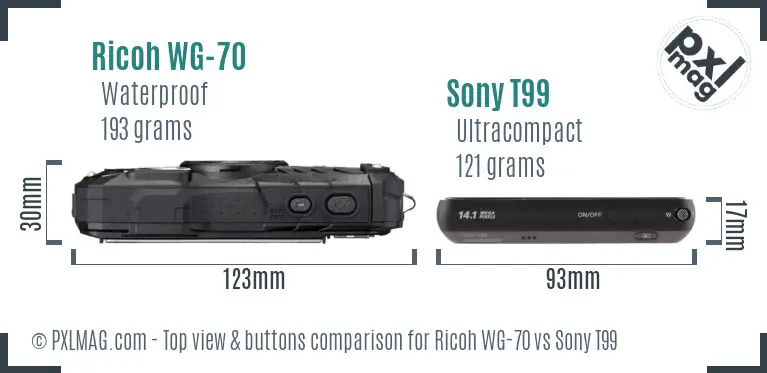 Ricoh WG-70 vs Sony T99 top view buttons comparison