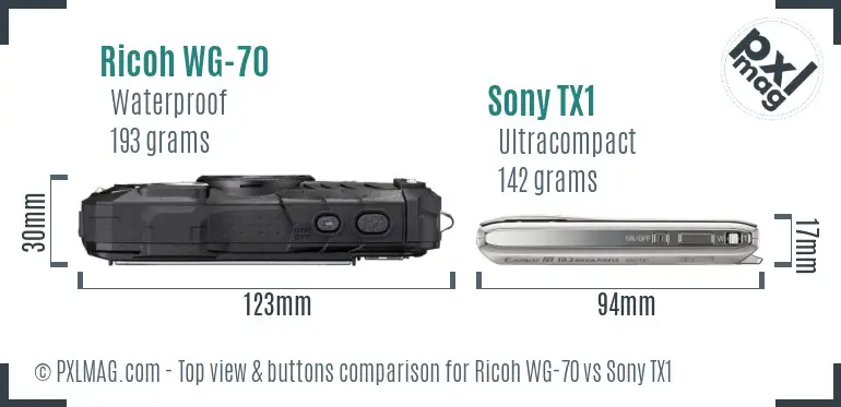 Ricoh WG-70 vs Sony TX1 top view buttons comparison