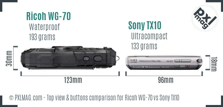 Ricoh WG-70 vs Sony TX10 top view buttons comparison