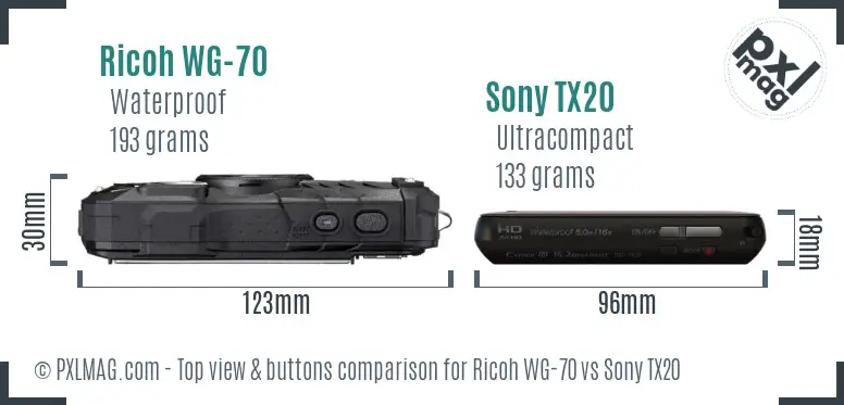 Ricoh WG-70 vs Sony TX20 top view buttons comparison