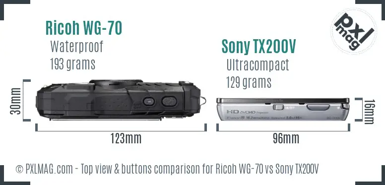 Ricoh WG-70 vs Sony TX200V top view buttons comparison
