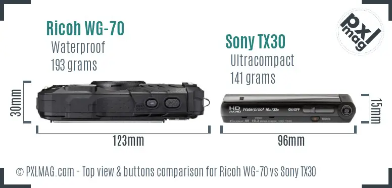 Ricoh WG-70 vs Sony TX30 top view buttons comparison