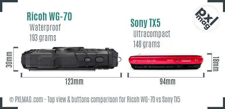Ricoh WG-70 vs Sony TX5 top view buttons comparison