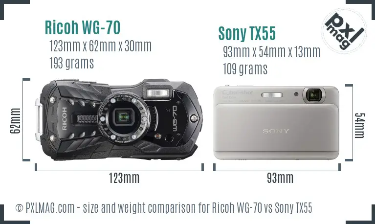 Ricoh WG-70 vs Sony TX55 size comparison