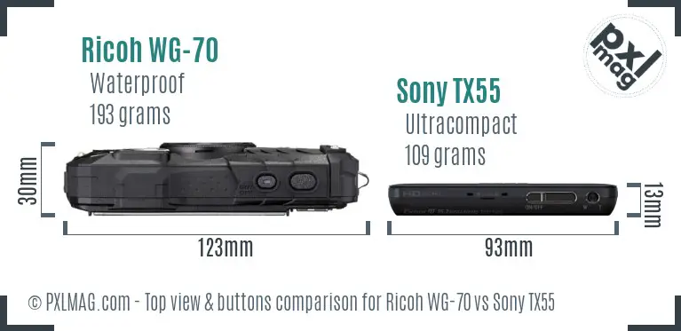 Ricoh WG-70 vs Sony TX55 top view buttons comparison