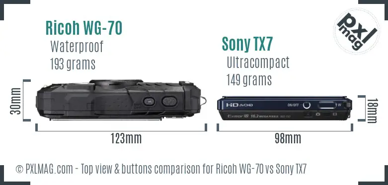 Ricoh WG-70 vs Sony TX7 top view buttons comparison