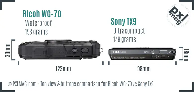 Ricoh WG-70 vs Sony TX9 top view buttons comparison