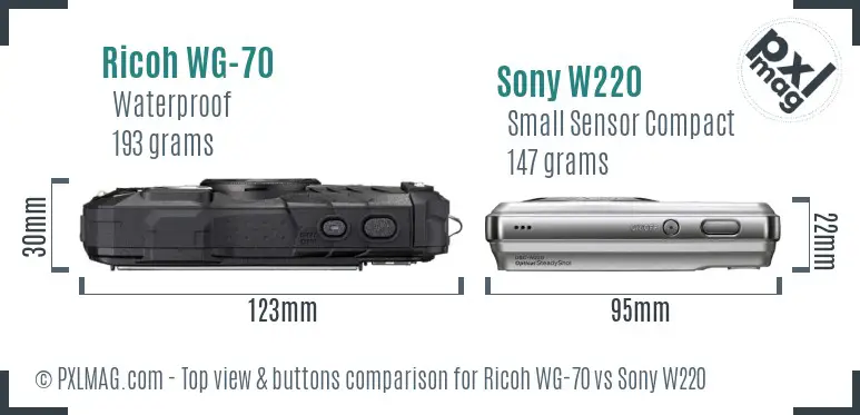 Ricoh WG-70 vs Sony W220 top view buttons comparison
