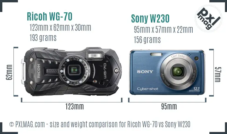 Ricoh WG-70 vs Sony W230 size comparison