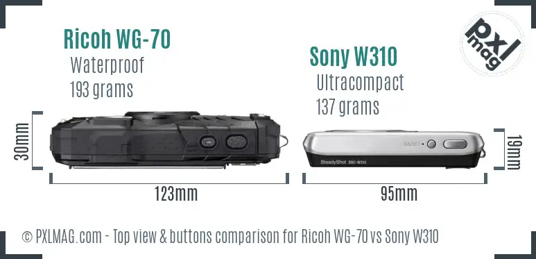 Ricoh WG-70 vs Sony W310 top view buttons comparison