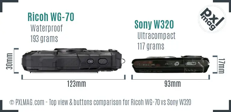Ricoh WG-70 vs Sony W320 top view buttons comparison