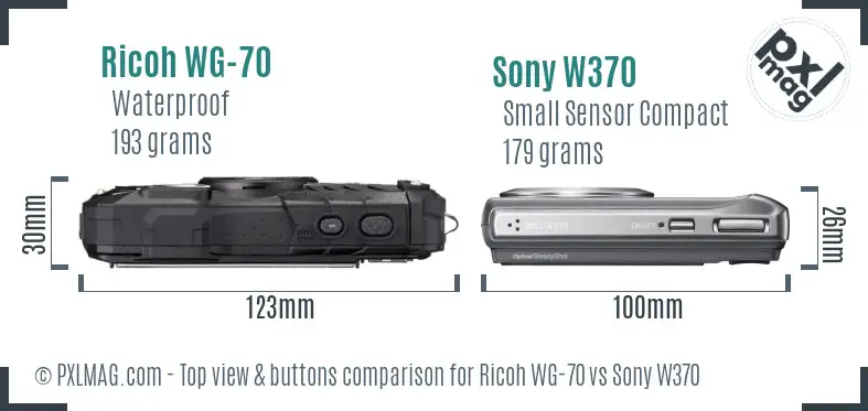 Ricoh WG-70 vs Sony W370 top view buttons comparison