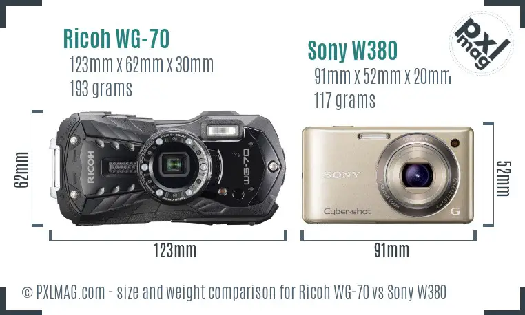 Ricoh WG-70 vs Sony W380 size comparison