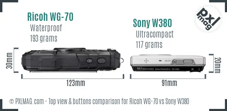 Ricoh WG-70 vs Sony W380 top view buttons comparison