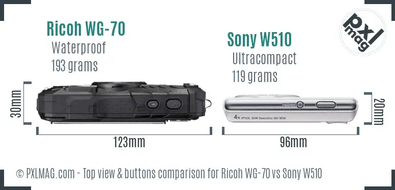 Ricoh WG-70 vs Sony W510 top view buttons comparison